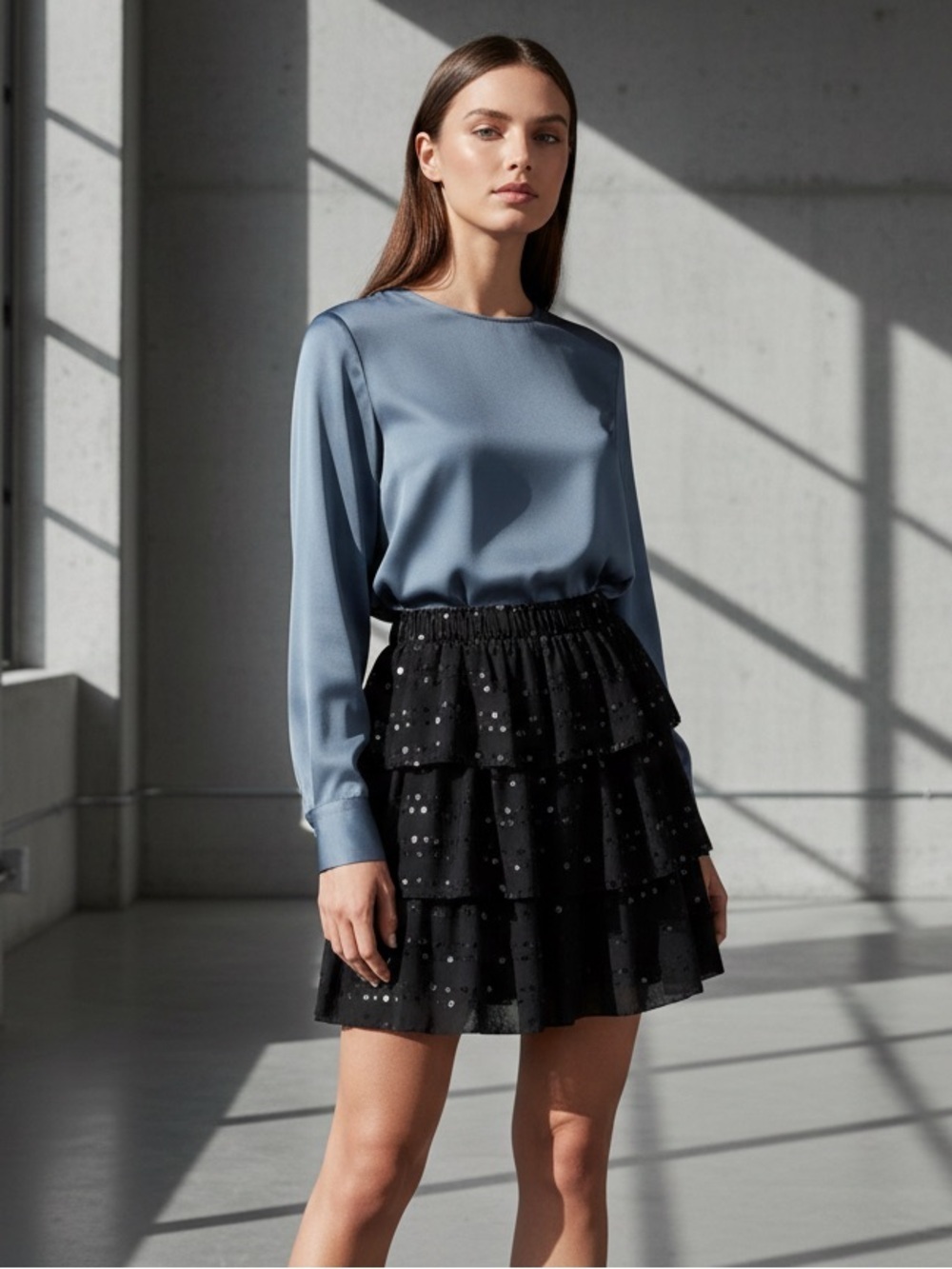 Endless Rose Black Sequin Tiered Mini Skirt Scattered Sequin Embellishments